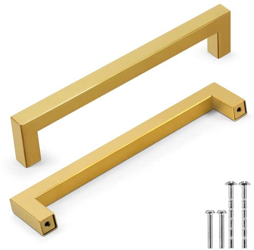 Flexzion Cabinet Handles Gold Cabinet Pulls and Knobs, 6.25-Inch Modern Square Dresser Drawer Handles for Kitchen Cupboard, Bathroom, Vanity, Cabinet Drawer Door Hardware Replacement (25 Pack, Gold)