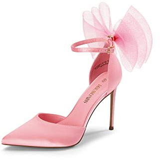 DREAM PAIRS D'Orsay Chaussures à talons hauts à lanières et bout pointu pour femme avec nœud en maille et sangle de cheville, rose, 38 EU