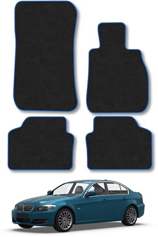 Compatible Car Mats BMW 3 Series (2005-2013) Carpet Blue Trim | Blue Edge Trim Tailored Fit Floor Mats Full Coverage Protection Accessories Easy Clean Anti Slip Made in the UK