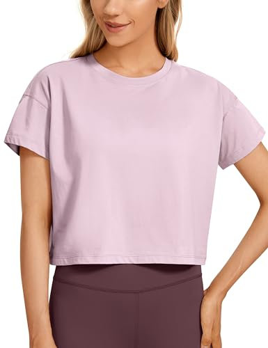 CRZ YOGA Damen Kurzarm Sport Tshirt Loose Baumwolle Fitness Crop Top Sommer Gym Workout Cropped Oberteile Rosa Pfingstrose 42