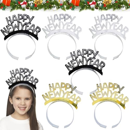 6 Stück Silvester Haarreif, 2025 Happy New Year Kopfschmuck, Silvester Deko Tiara Stirnband, Neujahr Fotorequisiten, Silvester Haarreif Kopfbedeckung, Weihnachten Haarschmuck Party Kostüm Zubehör