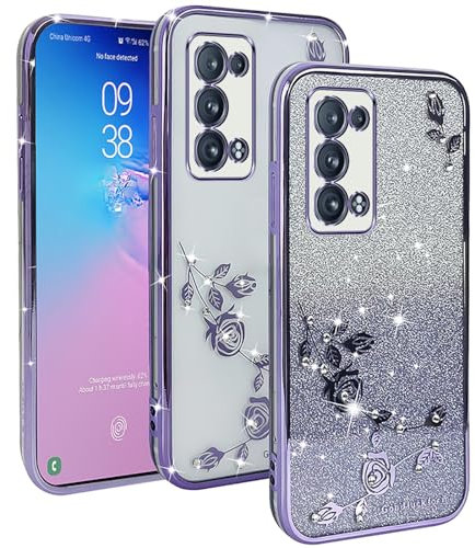 YUXING Cover Transparente Glitter per Oppo Reno 6 Pro 5G / Reno6 Pro 5G, Ragazze Donna Flora Motivo Custodia Bling Sottile, Antiurto Scintillante TPU Case (Purple)