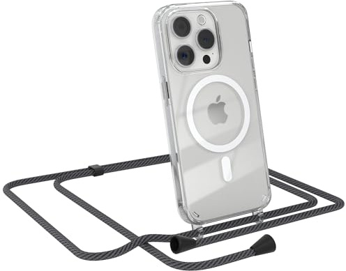 EAZY CASE - Handykette kompatibel mit iPhone 15 Pro Kette zum Umhängen Stoßfest Handyhülle für iPhone 15 Pro Silikon Hülle mit Band Transparent als Fallschutz in Schwarz/Anthrazit - Clips Schwarz