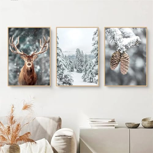 Herfair Moderne Premium Wandbilder 3er Set Bilder Winter Poster Hirsche Natur Aesthetic Bilder Wandbilder, Wohnzimmer Schlafzimmer Wanddeko Wohnzimmer Deko Schlafzimmer ohne Rahmen (40x50cm)