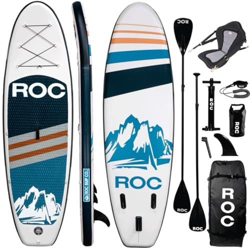 ROC Aufblasbare Stand Up Paddle Boards mit Premium SUP Paddle Board Zubehör, Breit Stabiles Design, Rutschfestes Komfortdeck für Jugendliche & Erwachsene (Navy W/Kajaksitz)