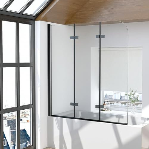 Duschwand für Badewanne 3-teilig 140x140cm Faltbar Duschabtrennung, Schwarz Badewannenaufsatz Duschtrennwand 6mm ESG Sicherheitsglas mit Beidseitig Nano beschichtung, Badewannenfaltwand Trennwand