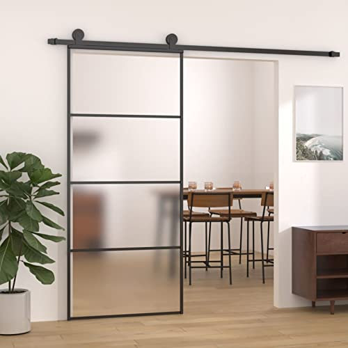 Gecheer Porta Scorrevole in Alluminio e Vetro Smerigliato ESG per Bagno, Cucina, Studio, Ufficio - 90x205 cm Nera