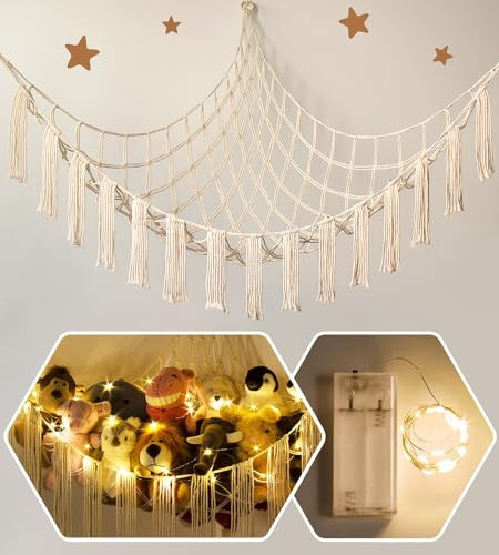 Stuffed Animal Storage Hammock Corner X-Large with LED Light - Baby Hammock Hanging Holder Plushies Net for Stuff Animals Organizer - Cute Room Decor Aesthetic Kids Toddler Nursery Bedroom Boho