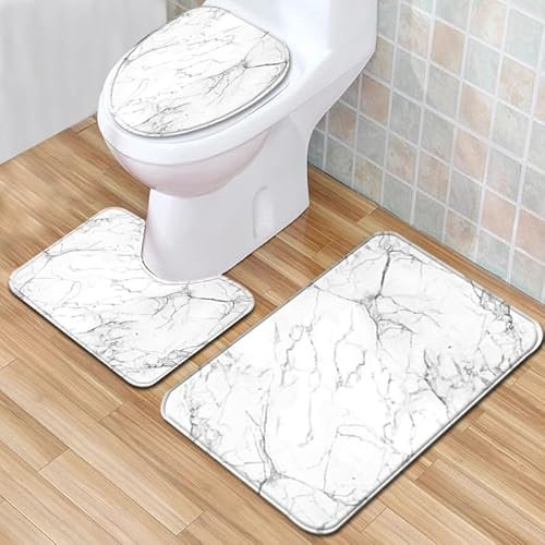 Bad Teppiche Set 3-Teiliges Grauer Weißer Marmor WC Vorleger Mit Ausschnitt Badematte Saugfähig WC Deckelbezug Badvorleger rutschfest Waschbar Toilettensitzbezug Badgarnitur (50x80cm)