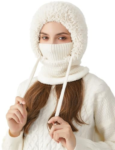 FEOYA 2 in 1 Wintermütze Damen Strickmütze Balaclava Mütze Stricken Winter Warme Fleece Mütze mit Fleecefutter Gestrickte Winddichte Mütze Kapuzen Schal Set Skimütze Frauen Sturmhaube Ski Beanie Weiß