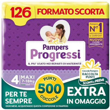 Pampers Progressi Maxi +500 Punti Coccole extra in omaggio, Taglia 4 (7-18 kg), 126 Pannolini (formato scorta)
