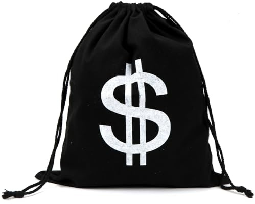 Cadimus 35 x 40cm Geldsack mit Dollarzeichen, Schwarz Bankräuber Geldsäckchen, Dollarzeichen Stoffsack, Kordelzug Münzbeutel, Dieb Kostüm Zubehör für Karneval Halloween Cosplay