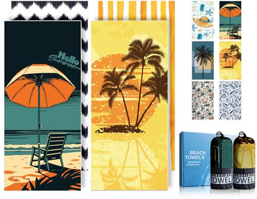 Microfibre Beach Towels for Adults - 200x90cm 2 Pack Extra Large Beach Towels in Gift Boxed, 250 GSM, Sand Free, Lightweight & Quick Dry Beach Towel for Swim, Travel and Gym(Umbrella & Coconut Tree)