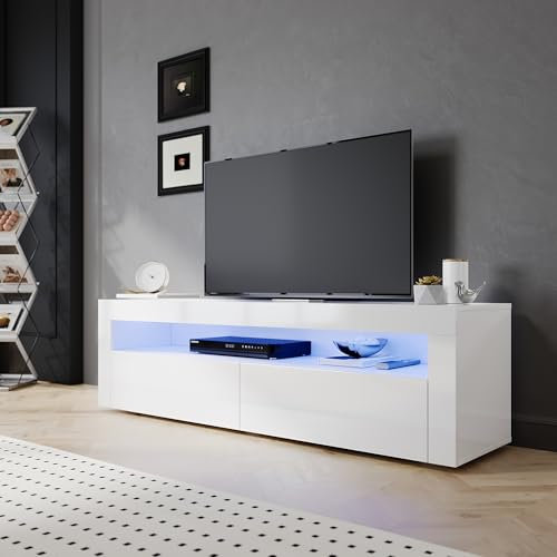 SIRHONA Meuble TV Blanc, Meuble Tele avec LED, Éclairage LED RGB avec Couleur réglable, 2 Placards avec Portes, 155x40x45cm, Convient pour Salon ou Chambre