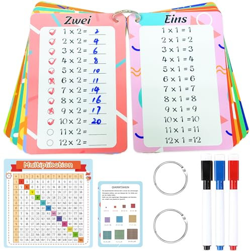1x1 Lernkarten, Einmaleins 1x1 Lernen Spiel, 15 Lernkarten für Kinder inkl. Lernhilfen und Übungen, Abwischbar Ohne zu Schmieren und Ohne Farbrückstände