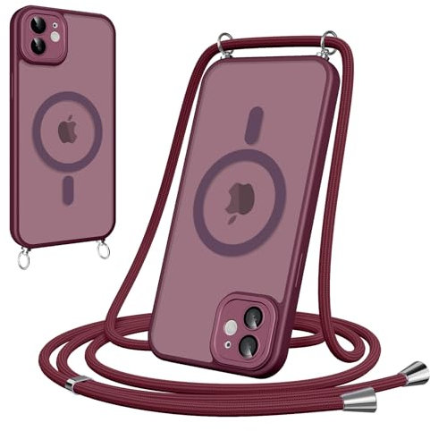 Woijrly Funda Magnética con Cuerda para iPhone 11, Carcasa Antigolpes Case Translúcida Mate Anti-Arañazos, Cover con Correa Colgante Ajustable Collar Colgar de Cuello Cadena Cordón, Rojo