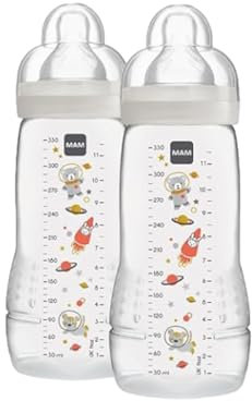 MAM Biberon Easy Active Baby Bottle 330 ml, Kit da 2 per bambini attivi ergonomici e pratici, Accessori neonato 4+ mesi allattamento con tettarella misura 3, Neutro, Versione attuale