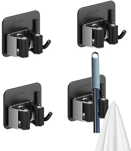 tiyiyok Colgador Escobas y Fregonas, Soporte Escobas Pared 4 Piezas Sin Taladrar, Ganchos Autoadhesivos de Acero Inoxidable, Organizador Herramientas Pared para Baño, Cocina
