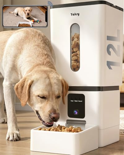 Automatic Dog Feeder Large Breed: 12L/50 Cup Capacity for Kibble up to 20mm | Anti-Clog Dog Food Dispenser - HD 1080P Camera for Remote Mealtime Check-Ins - WiFi App Scheduling Easy Setup by Yakry