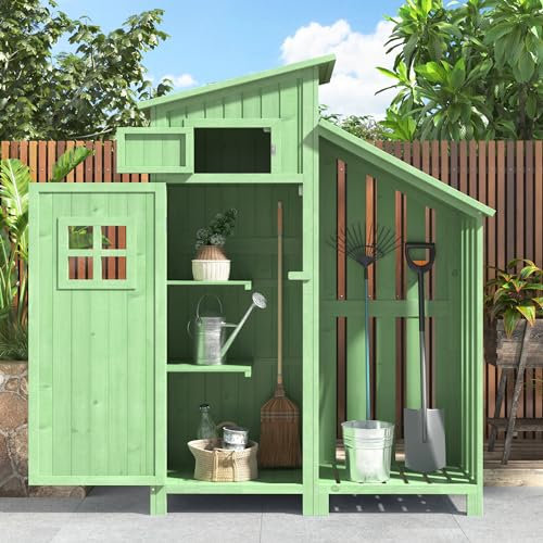 Merax Abri de jardin en bois résistant aux intempéries - 124 x 46 x 174 cm - Avec porte, 2 étagères - Armoire à outils à droite - Toit en PVC - Vert