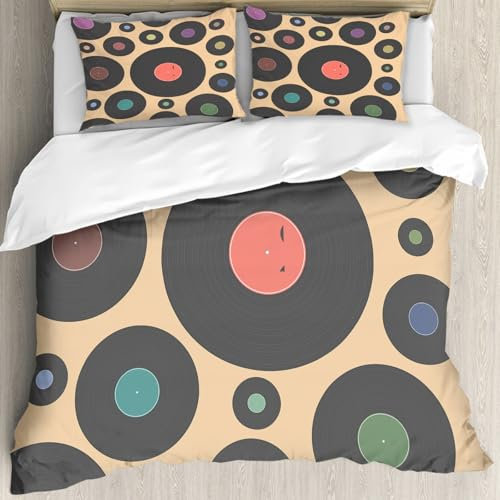 MJNLYDAO Sleeptime 100% Baumwolle Bettwäsche - Bettbezüge mit Reißverschluss - Set mit 2 Kissenbezüge,Bunte Musik DJ Vinyl Retro-Disk Vintage Phonograph Muster Aufnahme akustischen ALB,200x228 cm