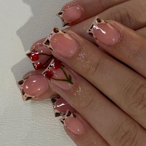 24 Pcs Fruit Artificial Nails French Tip Press On Leopards Print Stick On Glossy False For Party