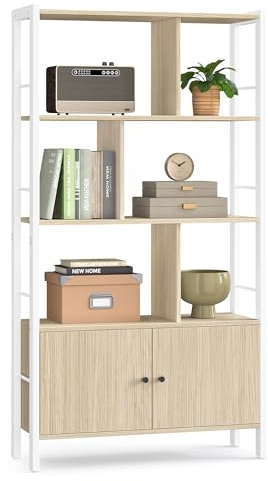 VASAGLE Hylla, bokhylla med 4 nivåer, förvaringsskåp, faner med dörrar, stor, stålram, för vardagsrum, kontor, sovrum, modern stil, naturligt beige och vitt moln LBC022LL01