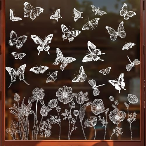 Zindoo Pegatinas Ventana Flor Blanca Mariposa Primavera 2 Piezas | Decoración Ventana Reutilizable Electrostática Doble Cara para Evitar Colisiones de Pájaros