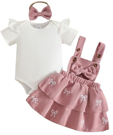 JENJON Bambina Neonata Gonne Set Top a Coste a Maniche Corte+Fiocco/Quadri Gonna a Bretelle in Velluto a Coste 3 Pezzi Completo Estivo Autunno Set