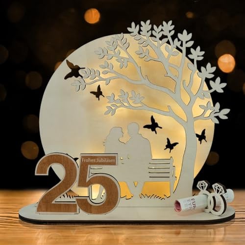 ARTREE Geldgeschenk Hochzeit 25 Jahre Ehe, Silberhochzeit Geschenke Hochzeitstag Deko Holz Geld Verpackung mit LED Lichterkette, Romantisches Geschenkidee zum 25. Hochzeitstag Für Paare