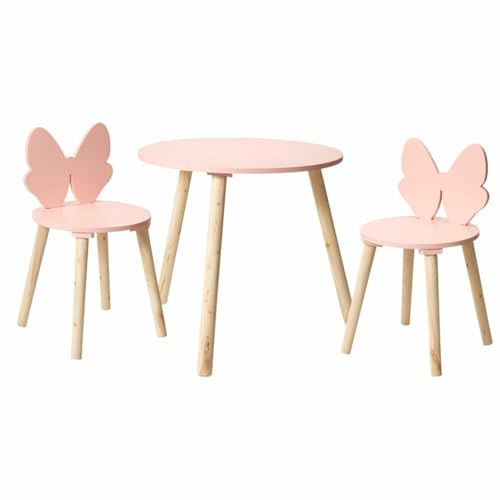 HowHomely Kindermöbel Set Tisch 2 Stühle rosa Schmetterling Kinder Sitzgruppe Kindertisch Kinderstuhl Set MDF Holz stabil Kinderzimmer