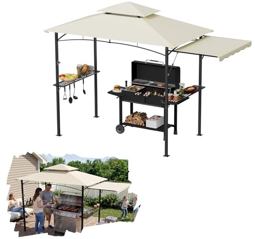 Suusolny Cenador de barbacoa beige con doble techo y toldo lateral extensible, 245 x 141 cm, con marco de metal y prácticos estantes, resistente a la intemperie para jardín, terraza y barbacoa