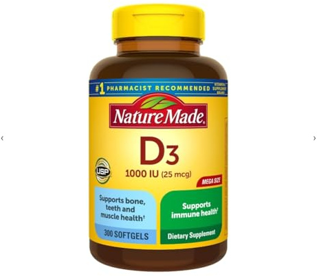 Vitamin D3, 300 Softgels, Vitamin D 1000 IU (25 mcg) Helps Support Immune Health, Strong Bones and Teeth, & Muscle Function, 125% of the Daily Value for Vitamin D in Only One Daily Softgel