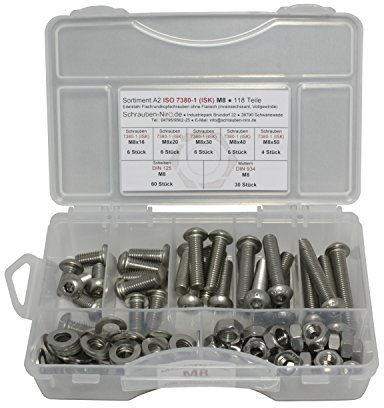 Sortiment ISO 7380-1 Edelstahl A2 Durchmeser M8, 118 Teile ; Flachrundkopfschrauben, Muttern DIN 934, Unterlegscheiben DIN 125, Material: VA V2A
