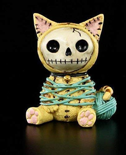 Furrybones Figur | Katze Mao-Mao mit Wollknäuel | inkl. Geschenkbox für Sammler | Lustige Deko Totenkopf Gesicht
