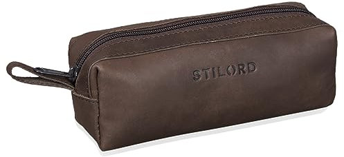 STILORD 'Linus' Etui Leder Vintage Herren Damen Stifteetui Lederetui Federmappe quadratisch Stiftetasche Büffelleder, Farbe:matt - Dunkelbraun