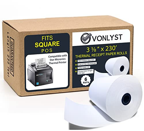 Vonlyst Quittungspapierrolle 8,9 x 230 cm für quadratisches Kassensystem, verbunden mit Star Micronics Thermodrucker (Packung mit 06 Rollen)