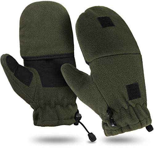 Storfisk fishing & more 2-in-1 Fleece Fausthandschuhe Fäustlinge mit umklappbaren Fingerspitzen, Farbe :Oliv, Größe:2XL
