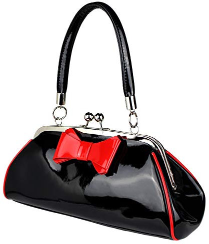 Schompi Damen Vintage Lack-Tasche mit Dekorativer Schleife, Schwarz Rot, Retro, Rockabilly Handtasche Abendtasche, Farbe:Schwarz