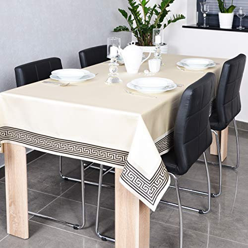DECOOR - schmutzabweisende Tischdecke, veredelt mit einem 10 cm breiten Dekorstreifen mit griechischem Muster, aus Satingewebe 200 g/m², 100% Polyester, hergestellt in EU (Beige+Schwarz, 120 x 180 cm)