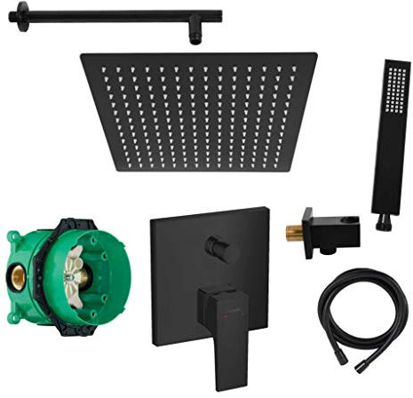 vanvilla Duschsystem mit Unterputz Duscharmatur von Hansgrohe Einhebelmischer und vanvilla Regendusche mit Armatur, Duschkopf eckig, Dusch-SET HGS01 schwarz matt beschichtet