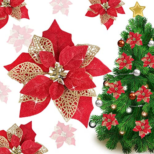 Jim`s cabin Künstliche Hochzeit Weihnachten Blumen Glitzer Weihnachtsstern Christbaum Ornamente rot
