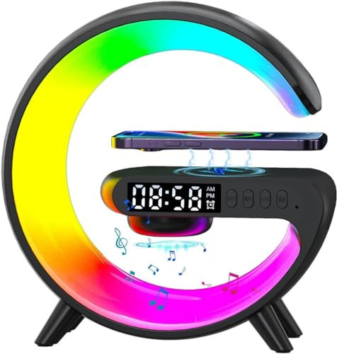 LED Wireless Charger Atmosphere Lamp with Blueto-oth Speaker - G Shape Light Up Wireless Speaker Intelligent LED Table Lamp, Color Changing Timer Alarm Clock Charger Stand Bedside Table Light for Home