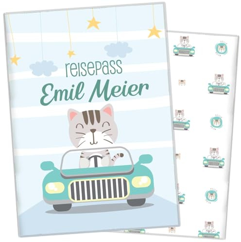cozy racoon Reisepasshülle für Kinder | Hochwertige Hülle für den Reisepass Deines Kindes |Design Katze (mit Name/mit Personalisierung)