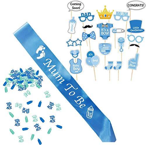 Babyparty Deko Junge, Baby Shower Junge, Baby Party Dekoration fur Babydusche, Neugeborene Fotorequisiten Masken, Mum To Be Blau Schärpe und Konfetti