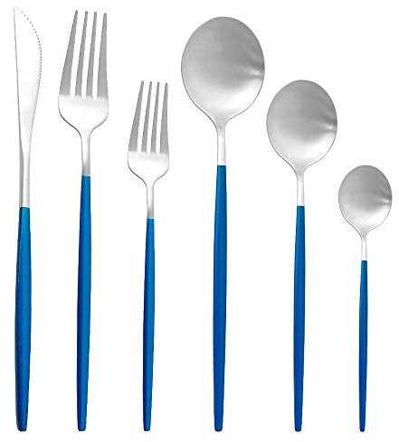 Uniturcky Adaline Royal Besteck-Set, 18/10, blaue Handlöffel, Silberbesteck, 304 Edelstahl, 36-teilig, modernes Satin-Finish, Hochzeitsgeschenk
