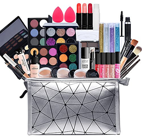 37 pcs All-in-One Makeup Set Teenage Gift Essential Starter Kit Lip Gloss Blush Brush Eyeshadow Palette Highly Pigmented Cosmetic Palette With Travel Carry Cosmetic Bag