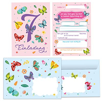Junapack 12 Einladungskarten incl. 12 Umschläge zum 7. Kindergeburtstag siebte Geburtstag Mädchen Schmetterlinge