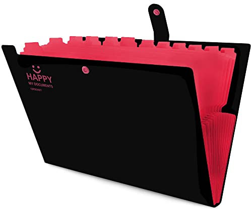 Dokumentenmappe, A4 Ordnungsmappe, Fächern Ordner, Hohe Kapazität, Erweiterbar, Leicht zu Tragen, mit Druckknopf und 12 Fächer, für Zuhause oder Büro Dokumente Papiere (Schwarz)