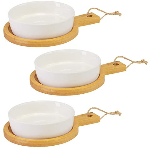 Westmark Set di 3 ciotole in ceramica su piano di bambù, rotonde, con manico, ø 11 cm, in bambù/ceramica, taba + Friends, marrone chiaro/bianco, 696422E2
